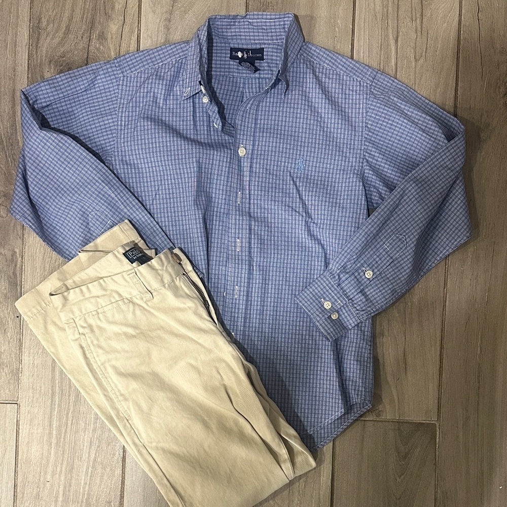 Polo Lauren Blue Checkered Shirt and Beige Pants Set